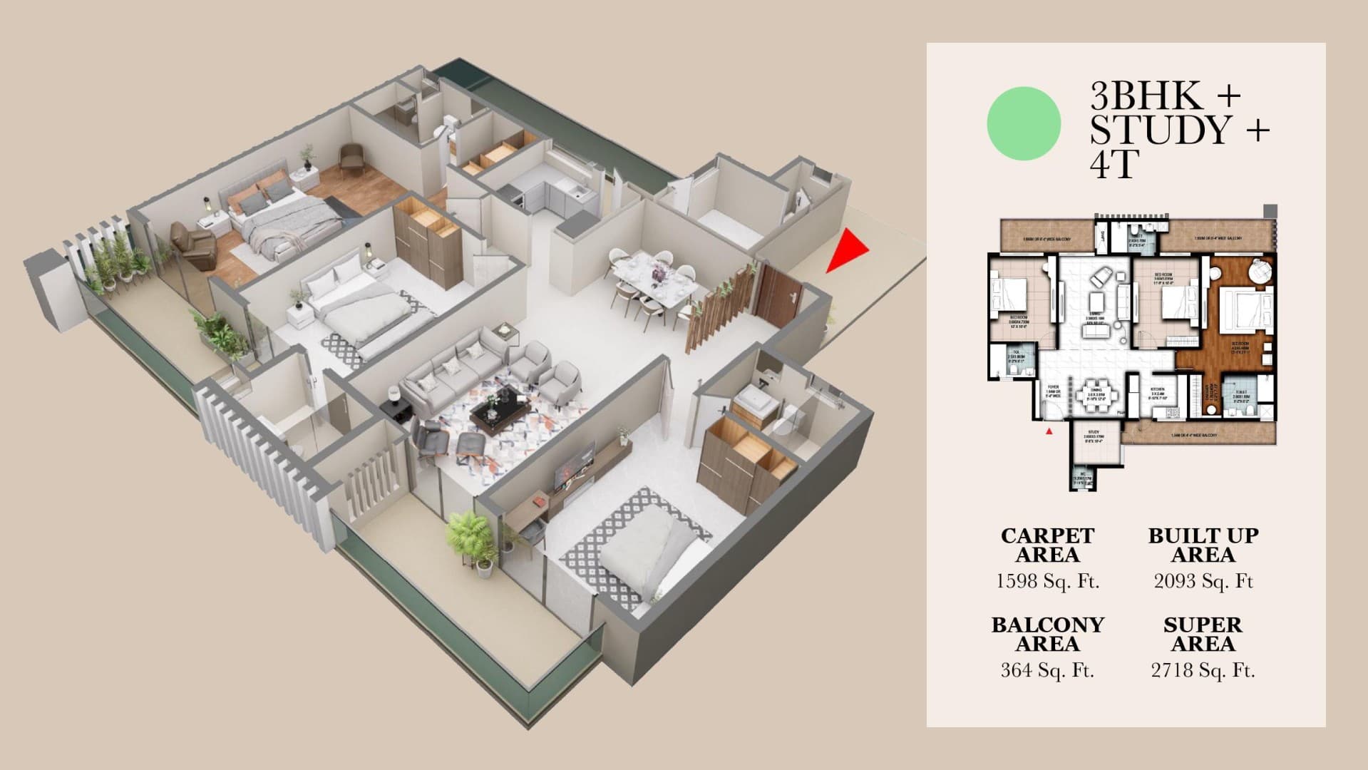 3 BHK + Study + 4T (Type A) floor plan